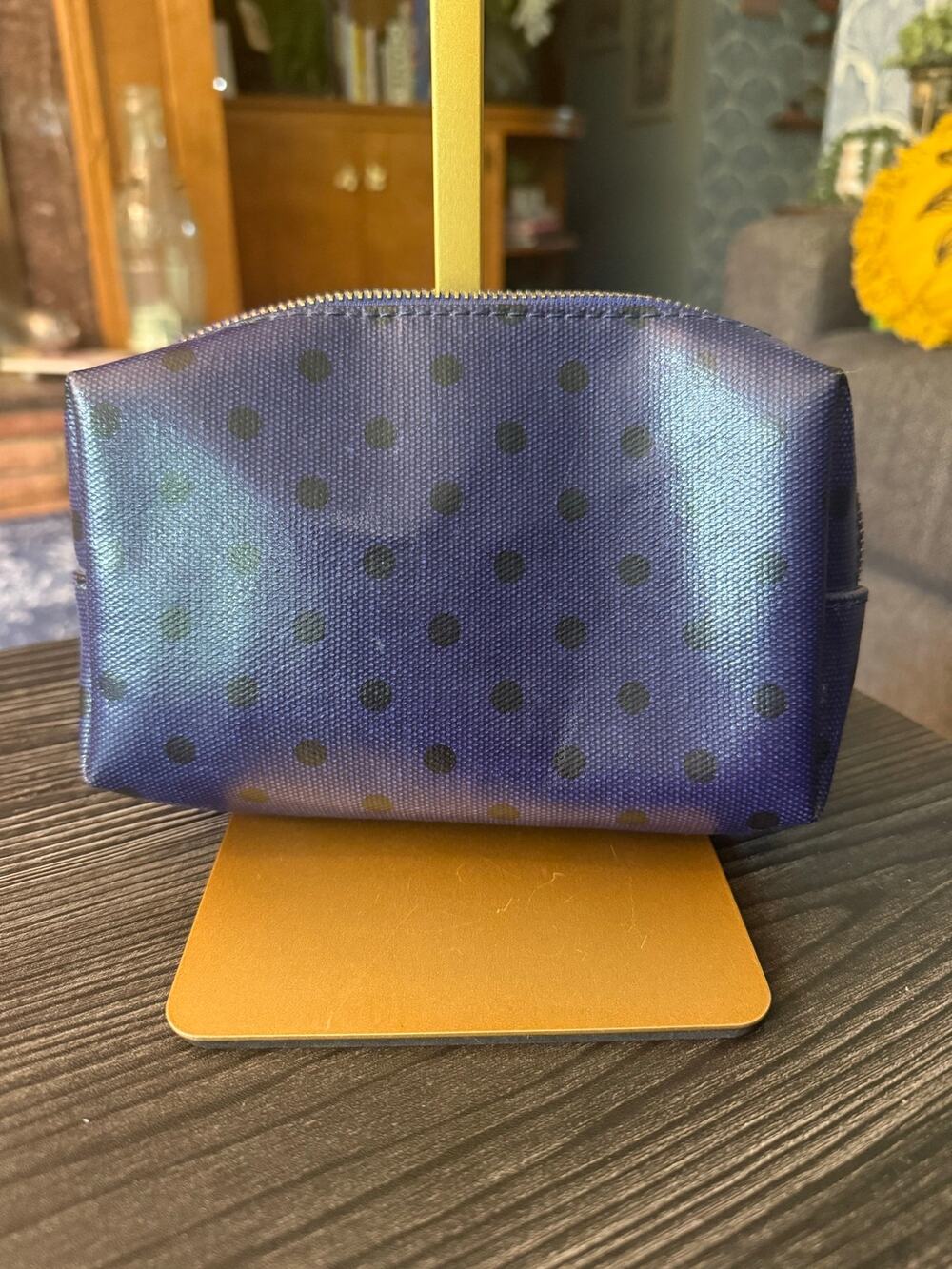Vintage Navy Blue Polka-Dot Small Zip Around Make-Up Bag